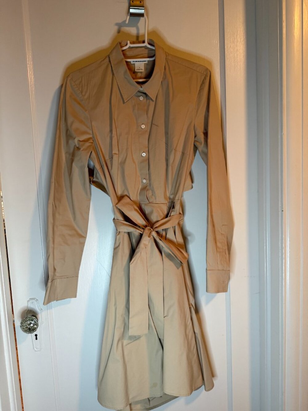 Club Monaco camel -coloured belted cotton shirt dress. Size 6.
